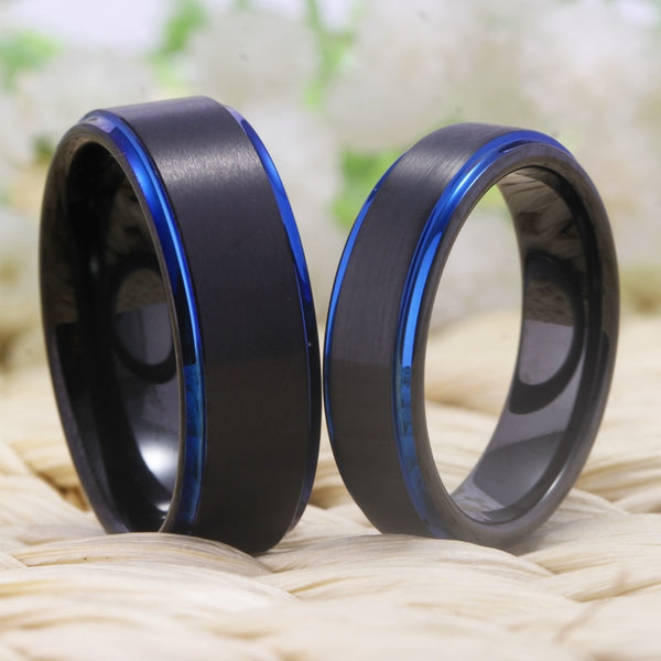 Couple's Matching Set of 6mm and 8mm Black and Blue Bevel Tungsten Carbide Rings