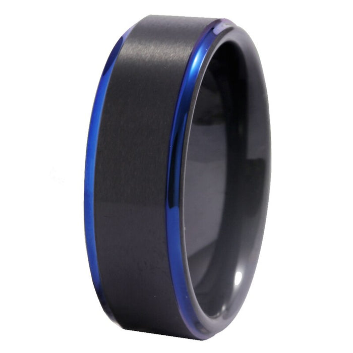 Couple's Matching Set of 6mm and 8mm Black and Blue Bevel Tungsten Carbide Rings