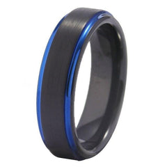 Couple's Matching Set of 6mm and 8mm Black and Blue Bevel Tungsten Carbide Rings