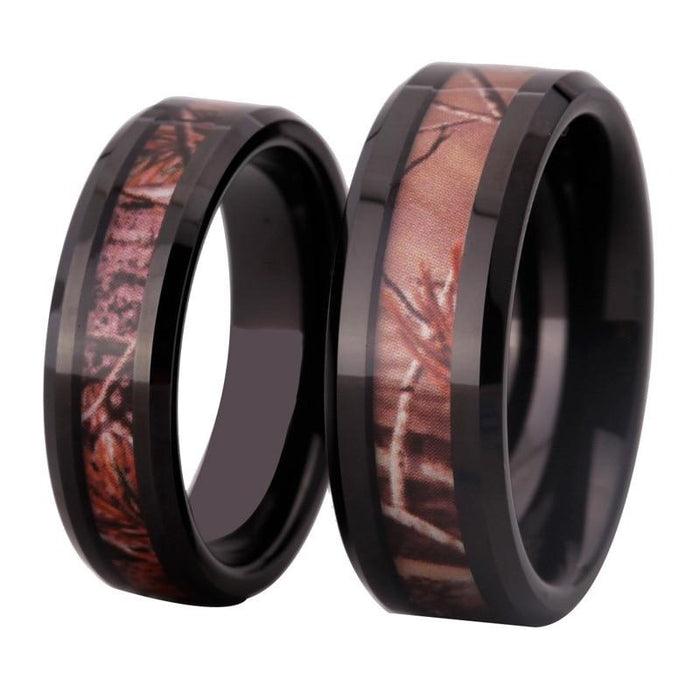 Couple's Matching Set of 6mm and 8mm Inlaid Pink Stone Black Inner Tungsten Carbide Rings