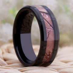 Couple's Matching Set of 6mm and 8mm Inlaid Pink Stone Black Inner Tungsten Carbide Rings