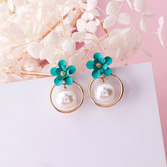 Pearl Inlay And Robins Egg Blue Flower Post Drop Earrings