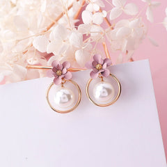 Pearl Inlay And Purple Flower Post Drop Earrings