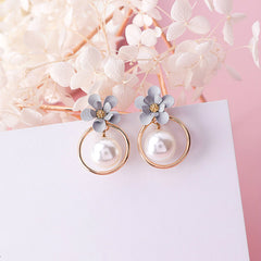 Pearl Inlay And Blue Flower Post Drop Earrings