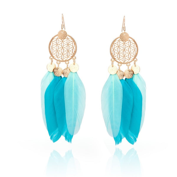 Robins Egg Blue and Gold Tone Dream Catcher Feather Earrings