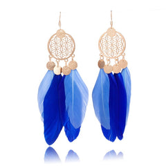 Blue and Gold Tone Dream Catcher Feather Earrings