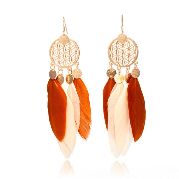 Orange and Gold Tone Dream catcher Feather Earrings