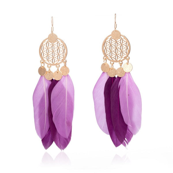 Purple and Gold Tone Dream catcher Feather Earrings