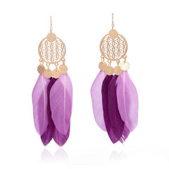 Purple and Gold Tone Dream catcher Feather Earrings