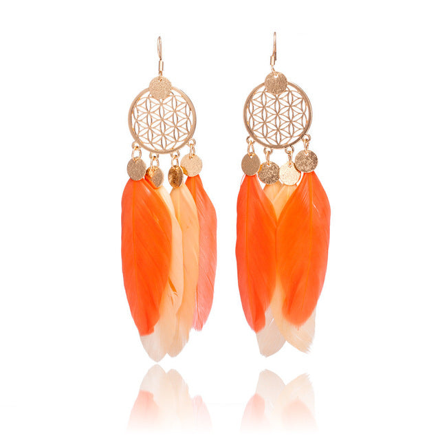 Bohemian Orange Feather And Gold Tone Dream catcher Earrings