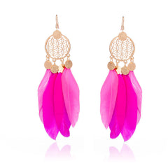 Bohemian Pink Feather And Gold Tone Dream catcher Earrings