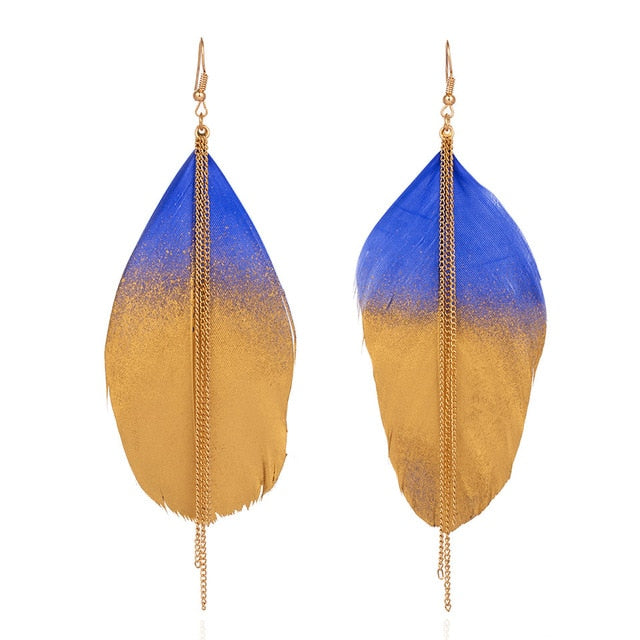 Navy And Gold Toned Feather Drop Tassel Earrings