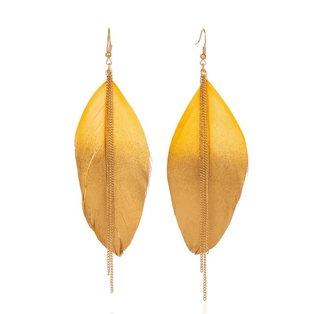 Gold Toned Feather Drop Tassel Earrings