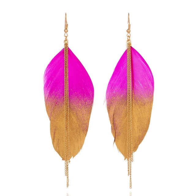 Bright Pink And Gold Toned Feather Drop Tassel Earrings