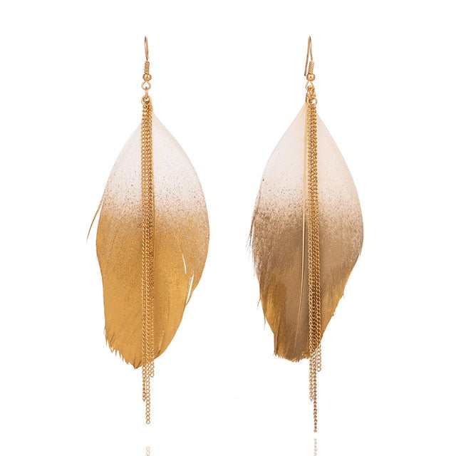 White And Gold Toned Feather Drop Tassel Earrings