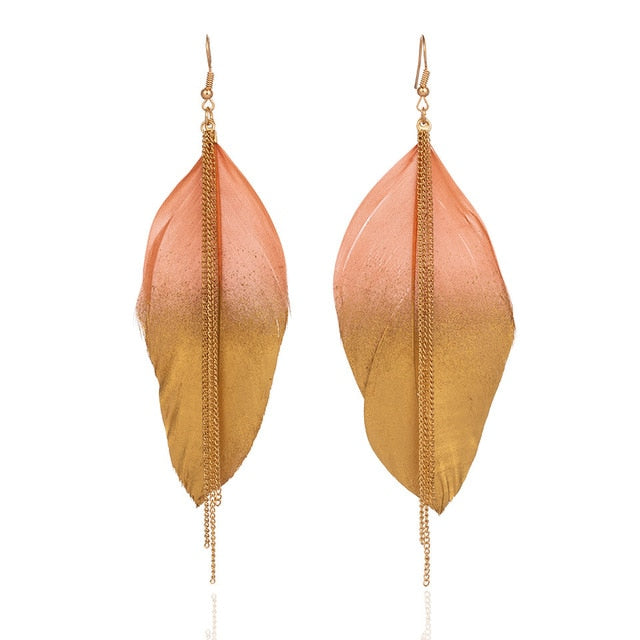 Pink And Gold Toned Feather Drop Tassel Earrings