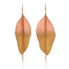 Pink And Gold Toned Feather Drop Tassel Earrings