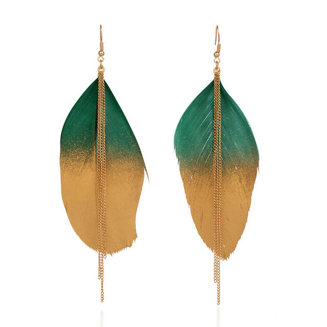 Emerald And Gold Toned Feather Drop Tassel Earrings