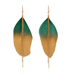 Emerald And Gold Toned Feather Drop Tassel Earrings