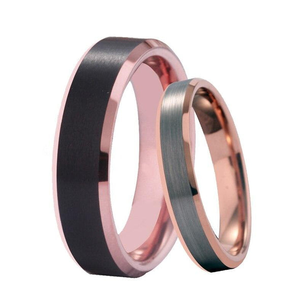 Couple's Matching Set of 4mm and 6mm Brushed Groove and Rose Gold Inner Tungsten Carbide Rings