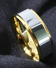 Men's 8mm Flat Silver Bevel Gold Inner Tungsten Carbide Ring