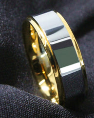 Men's 8mm Flat Silver Bevel Gold Inner Tungsten Carbide Ring