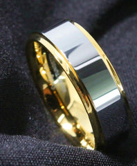 Men's 8mm Flat Silver Bevel Gold Inner Tungsten Carbide Ring