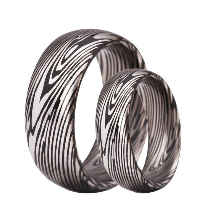 Couple's Matching Set of 6mm and 8mm Silver Damascus Steel Tungsten Carbide Rings