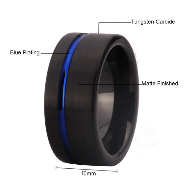 Men's 10mm Blue Offset Groove Black Tungsten Carbide Ring