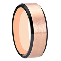 Women's 8mm Brushed Rose Gold and Black Bevel Tungsten Carbide Ring