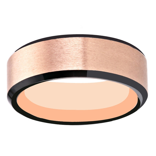 Women's 8mm Brushed Rose Gold and Black Bevel Tungsten Carbide Ring