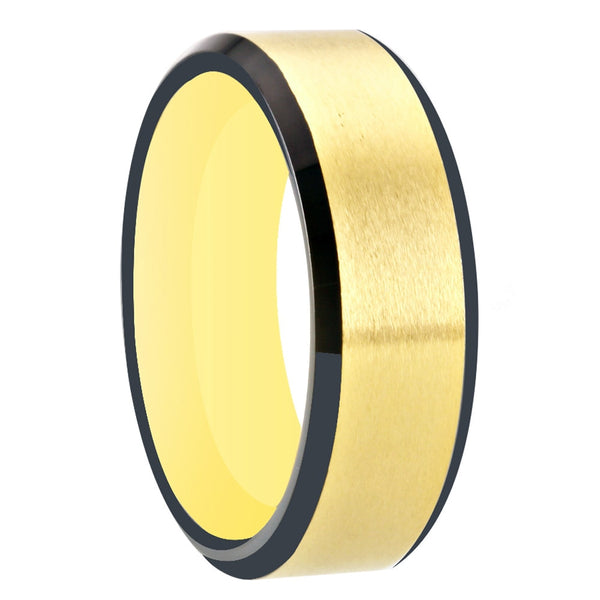 Women's 8mm Brushed Black and Gold Bevel Tungsten Carbide Ring