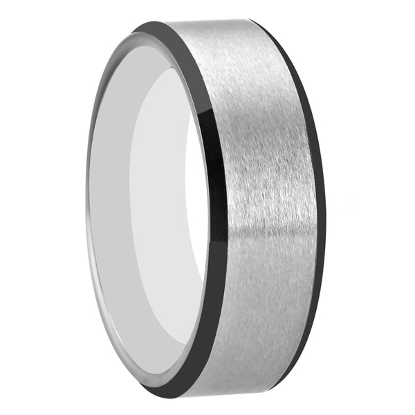 Women's 8mm Brushed Silver and Black Bevel Tungsten Carbide Ring