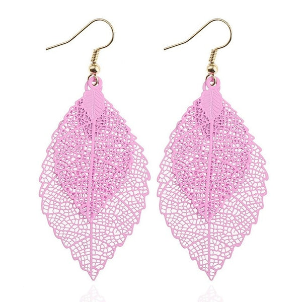 Vintage Hollow Pink Leaf Earrings