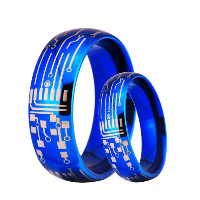 Couple's Matching Set of 6mm and 8mm Silver Engraved Circuit Board Blue Tungsten Carbide Rings