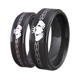 Couple's Matching Set of 6mm and 8mm Claddagh Style Engraved King and Queen Black Tungsten Carbide Rings