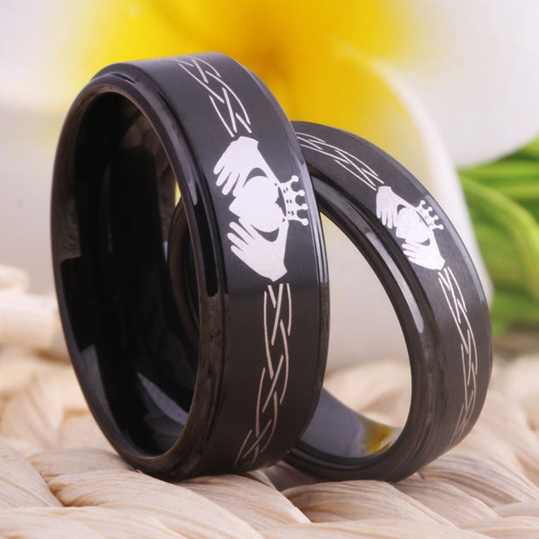 Couple's Matching Set of 6mm and 8mm Claddagh Style Engraved King and Queen Black Tungsten Carbide Rings