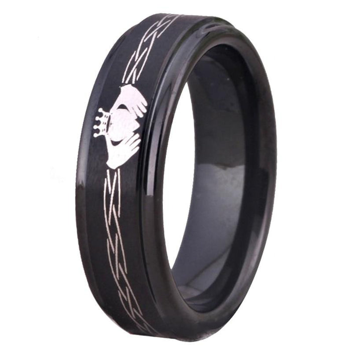 Couple's Matching Set of 6mm and 8mm Claddagh Style Engraved King and Queen Black Tungsten Carbide Rings