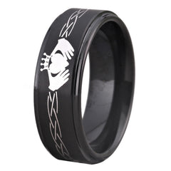 Couple's Matching Set of 6mm and 8mm Claddagh Style Engraved King and Queen Black Tungsten Carbide Rings