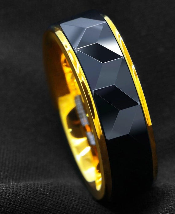 Men's 8mm Black Rhombus Inlay Gold Inner Tungsten Carbide Ring