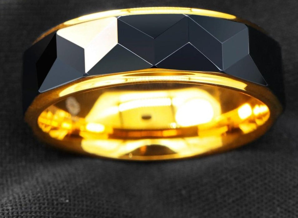 Men's 8mm Black Rhombus Inlay Gold Inner Tungsten Carbide Ring