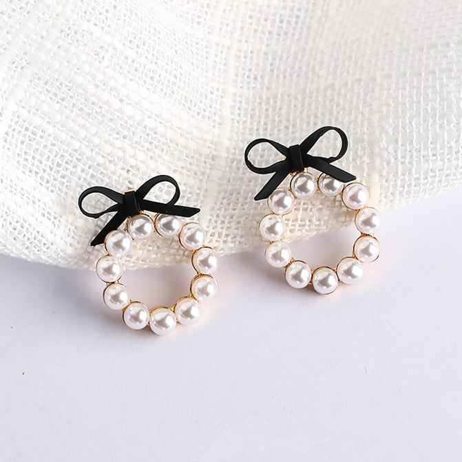 Pearl Hoop and Black Ribbon Post Earrings