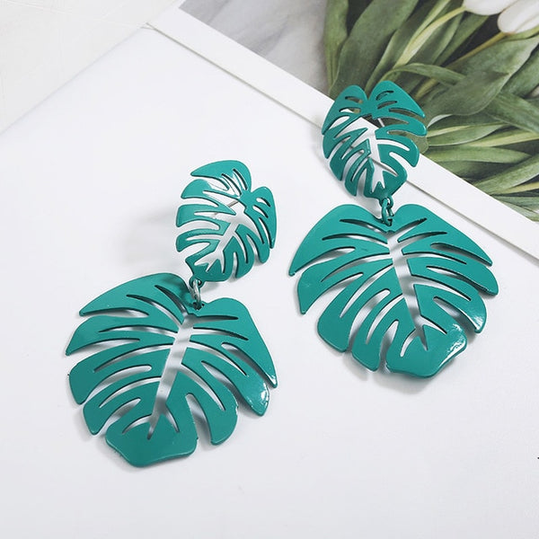 Teal Bohemian Tropical Leaf Post Earrings