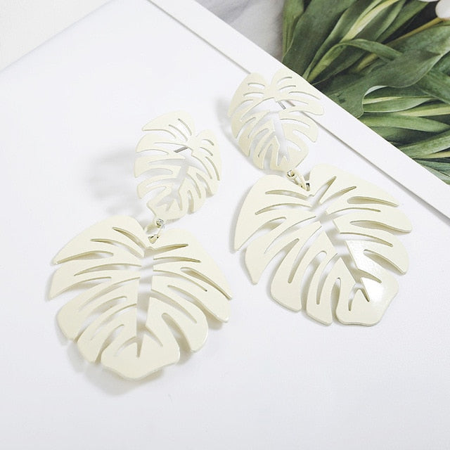 White Bohemian Tropical Leaf Post Earrings