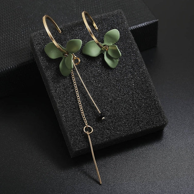 Golden Hoop and Green Lilly Flower Tassel Drop Earrings