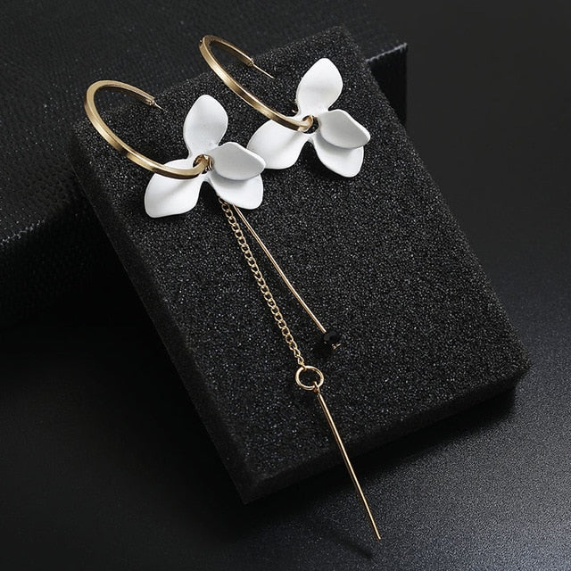 Golden Hoop and White Lilly Flower Tassel Drop Earrings