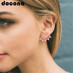 Gold CZ Curved Geometric Rhinestone Jacket Earrings