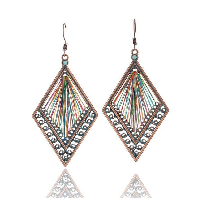 Bohemian Bronze Diamond Shape And Colorful Fringe Earrings