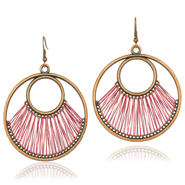 Bohemian Bronze Hoop And Magenta Fringe Earrings