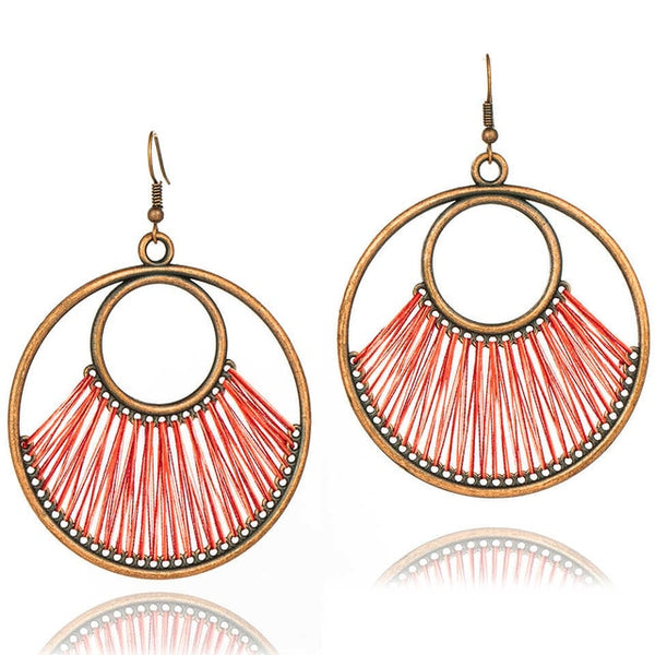 Bohemian Bronze Hoop And Red Fringe Earrings